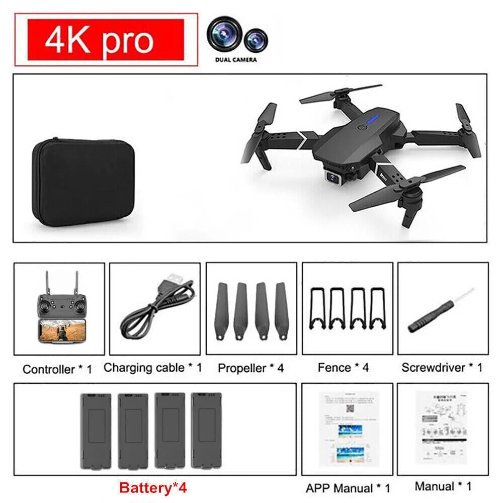 4K HD Dual Camera RC Drone with Wifi FPV Foldable Quadcopter +4 Battery Black