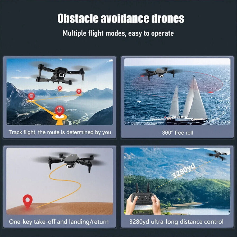 4K HD Dual Camera RC Drone with Wifi FPV Foldable Quadcopter +4 Battery Black